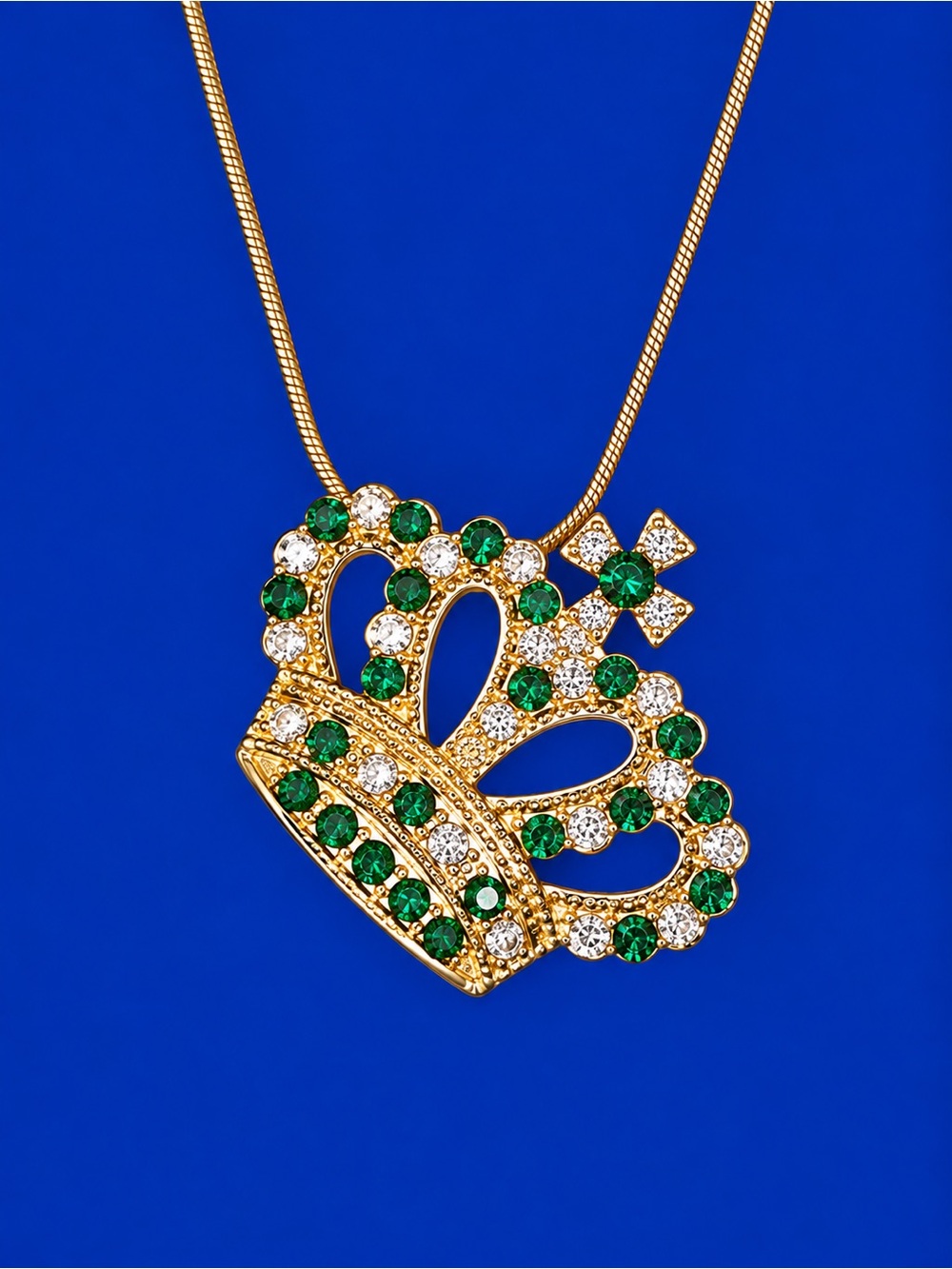 Gold Crown Pendant Necklace with Emerald and Clear Stones